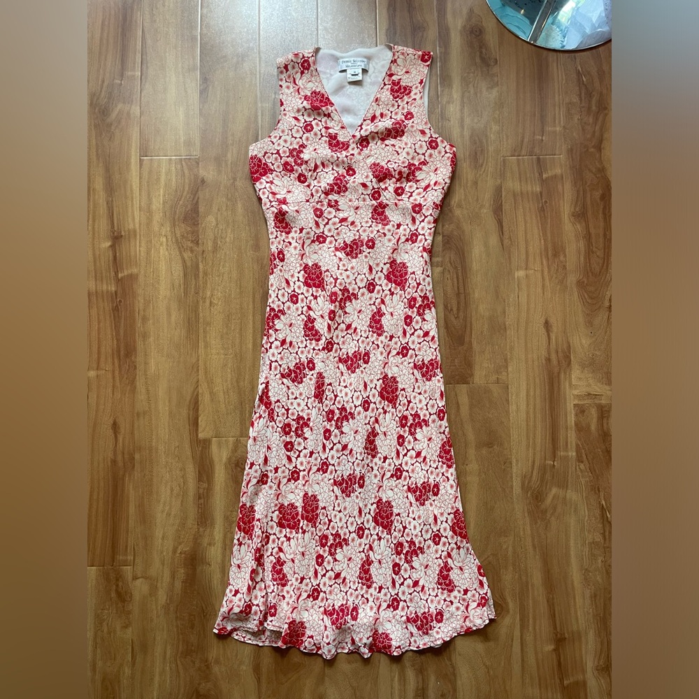 Vintage 90s Red & White Floral Print Maxi Sleeveless V-Neck Slip Dress Sz Small - Picture 2 of 12
